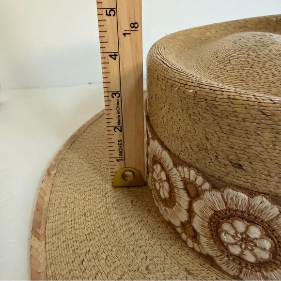 Tan Straw Boater Brim Hat with Floral Band and Tassel - Picture 9 of 11